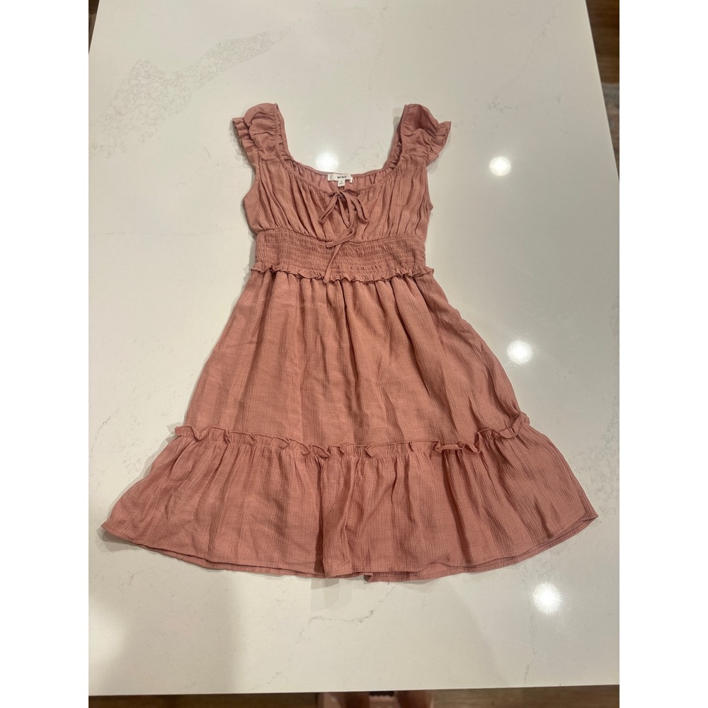 Mine Womens Pink Smocked Mini Dress Ruffle Sleeve Tiered CR1951 Size S